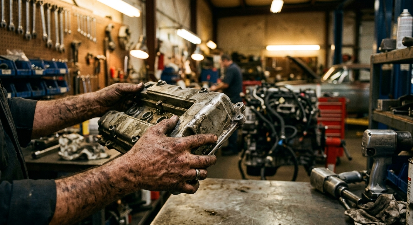 Close-up photograph of a mechanic's hands holding a car engine part in a professional auto workshop, warm workshop lighting, shallow depth of field, grease on hands, industrial authentic feel, shot on 35mm lens