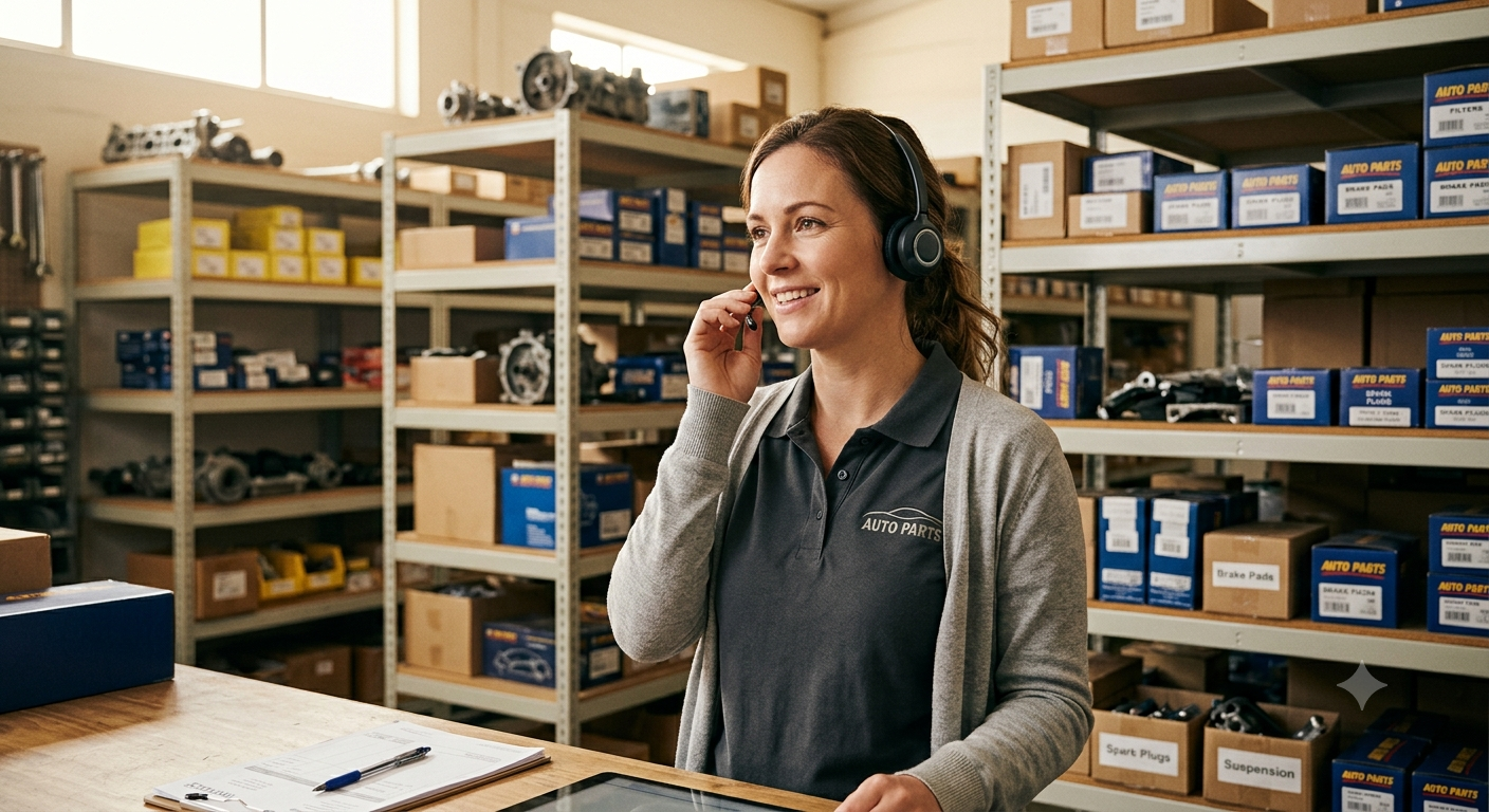 Friendly auto parts specialist on a phone headset in a warehouse environment, surrounded by organized shelves of car parts, genuine candid moment, warm natural lighting, editorial portrait style