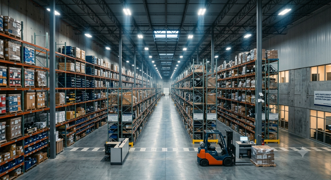 Wide shot of a large auto parts warehouse with tall organized shelving rows stretching into the distance, dramatic overhead industrial lighting, cinematic depth, clean and professional facility